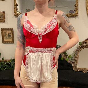 Vintage Faris Sexy Lace Lingerie Teddy Bodysuit Sleeveless Size S Red/Cream